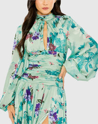 Keyhole Satin Long Sleeve Floral Gown - Sage