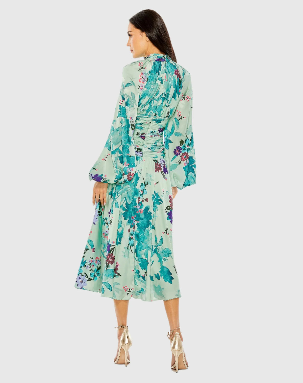 Keyhole Satin Long Sleeve Floral Gown - Sage