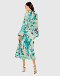 Keyhole Satin Long Sleeve Floral Gown - Sage