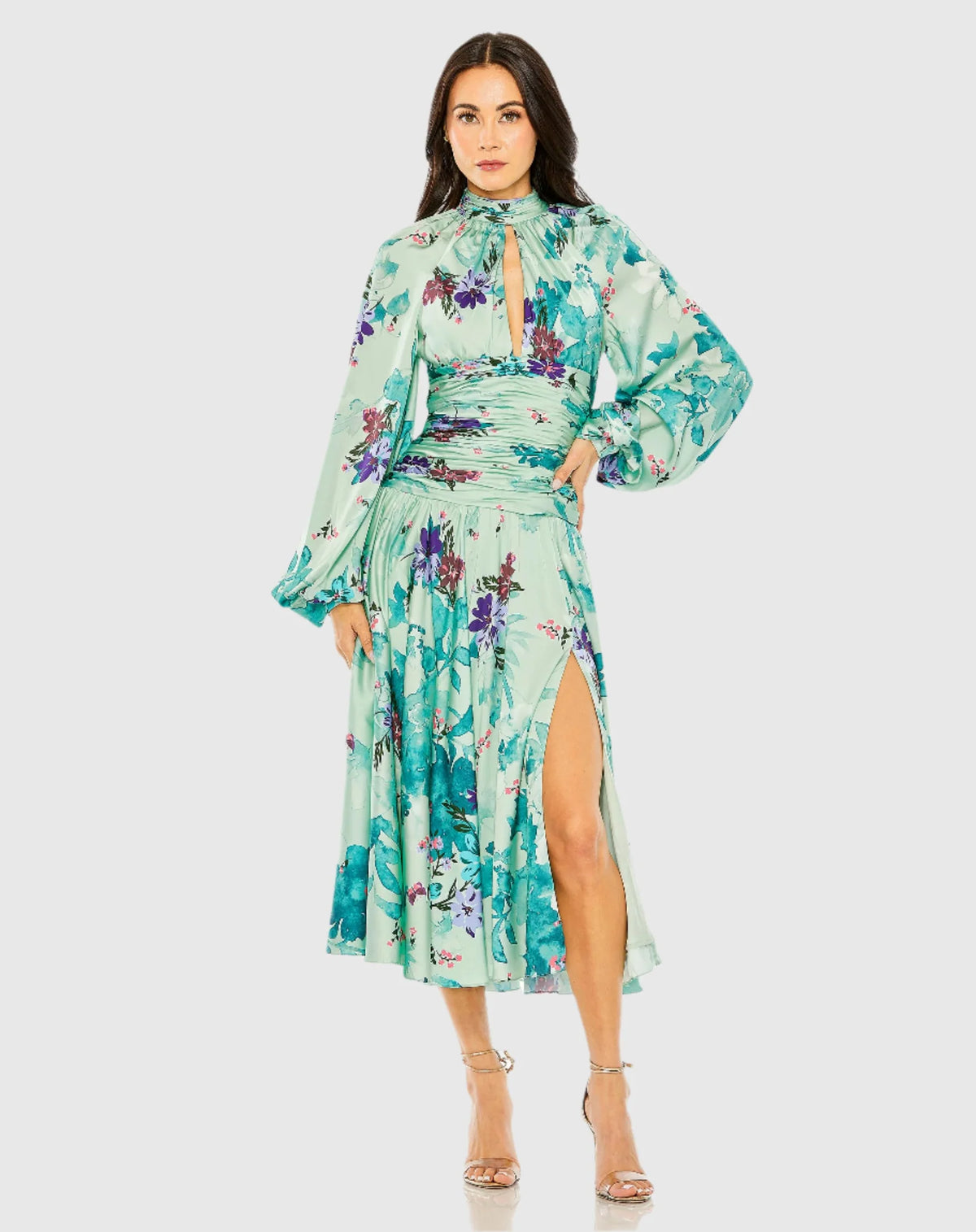 Mac Duggal Green Keyhole Satin Long Sleeve Floral Gown #55988 