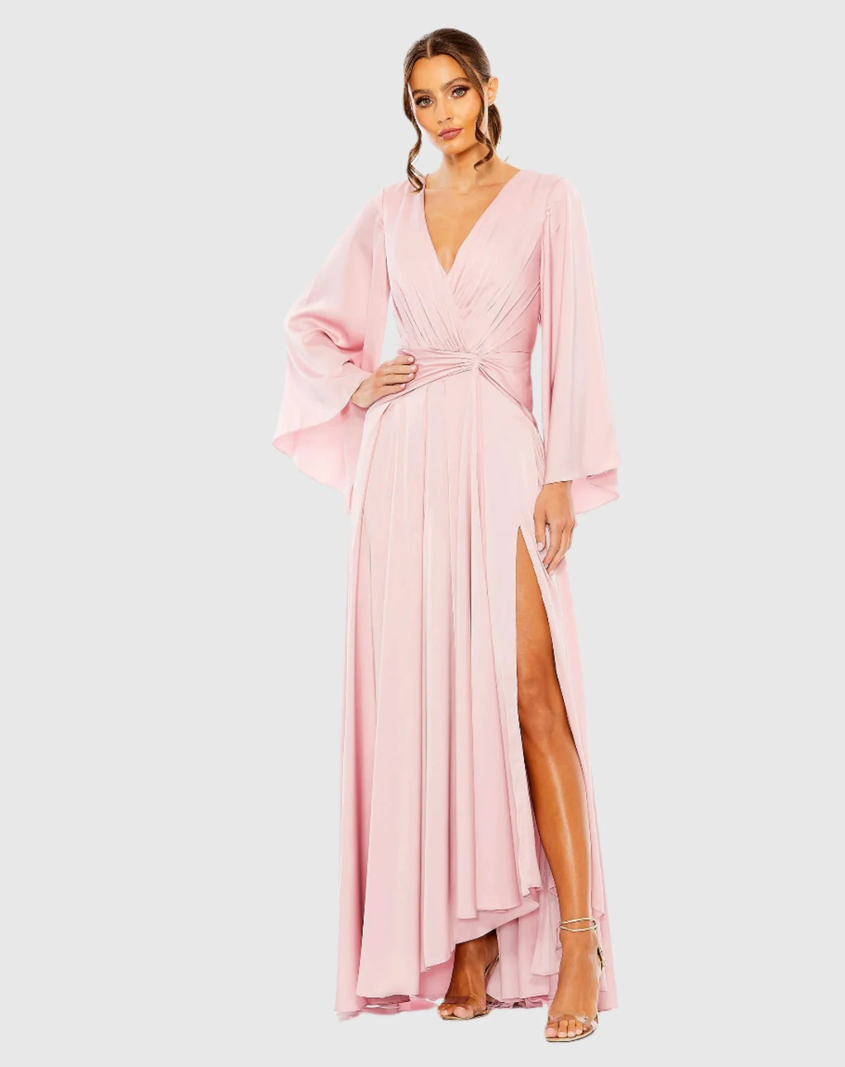 Mac Duggal, Long sleeve V-neck high slit dress - Pink  #55993