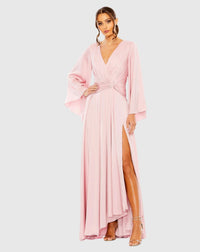 Mac Duggal, Long sleeve V-neck high slit dress - Pink  #55993