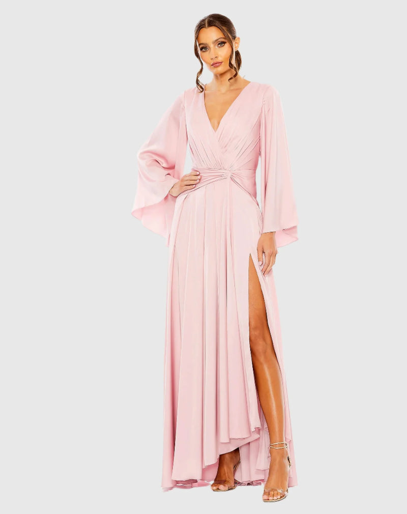 Mac Duggal, Long sleeve V-neck high slit dress - Pink  #55993