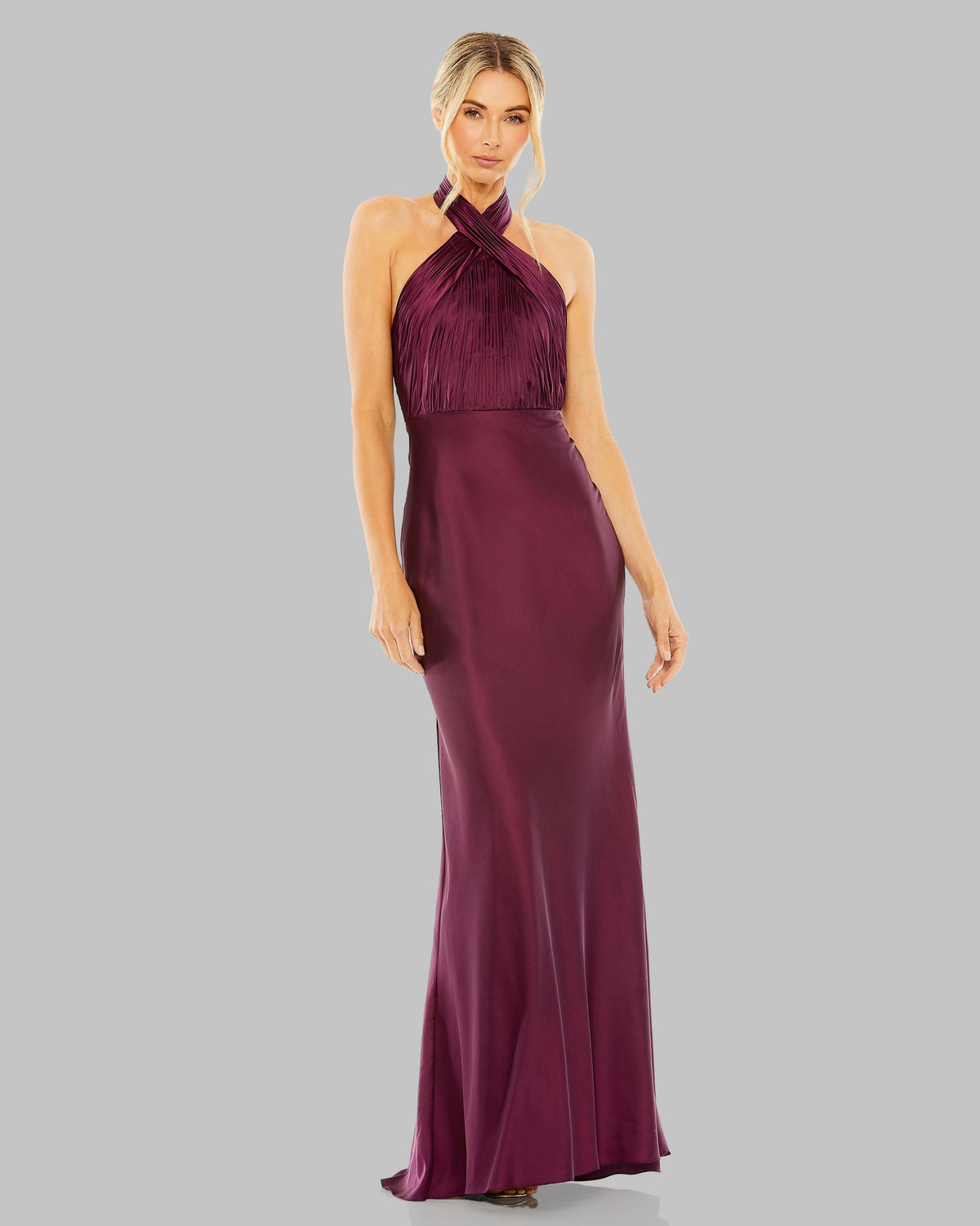 Mac Duggal 55995 plum pleated halter neck satin gown — front