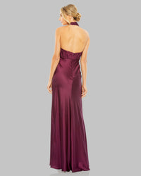 Mac Duggal 55995 plum pleated halter neck satin gown — back