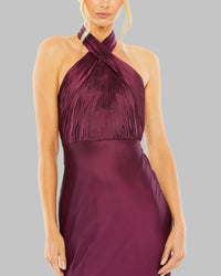 Mac Duggal 55995 plum pleated halter neck satin gown — detail