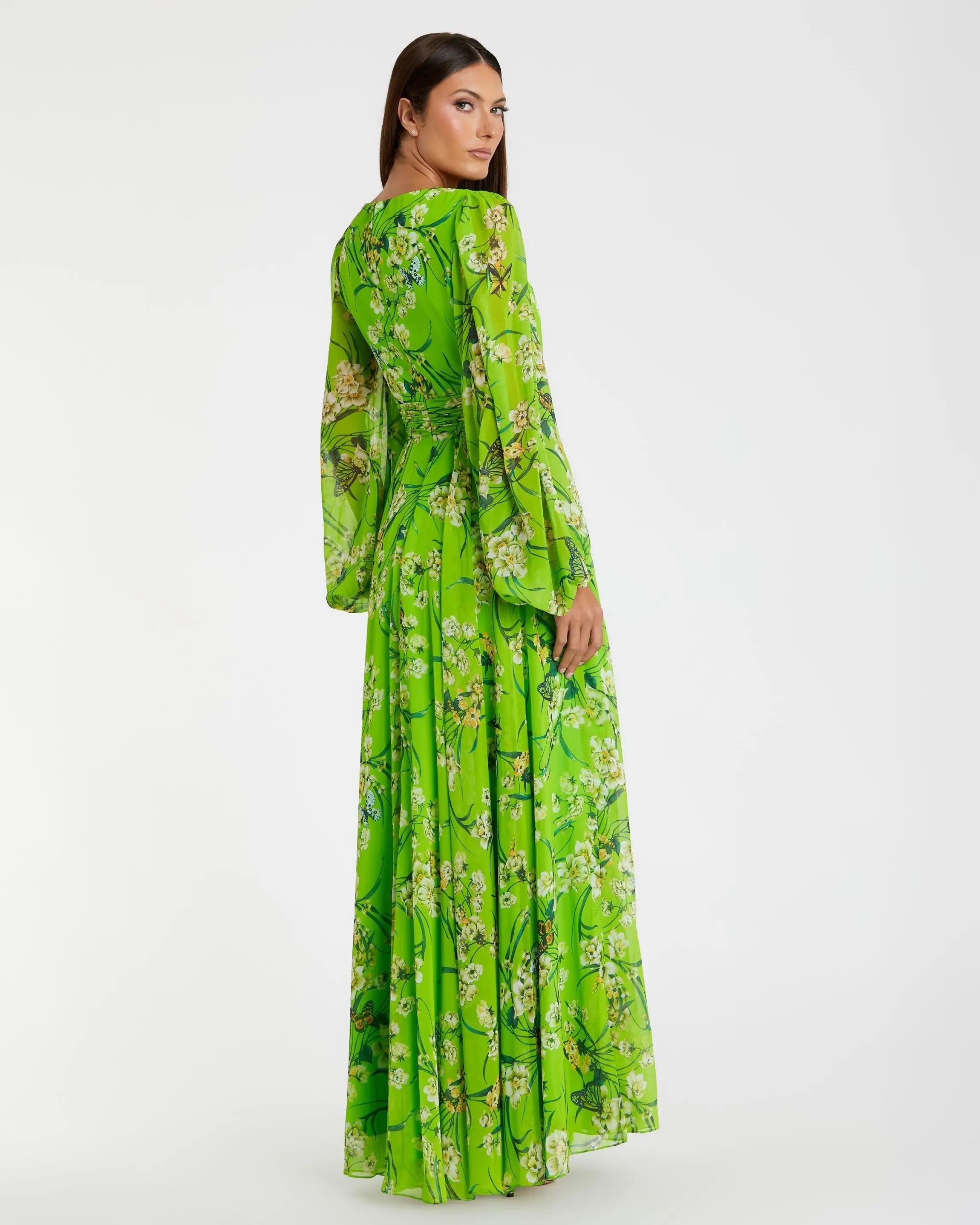 Green Puff Sleeve Floral Chiffon Gown - Back