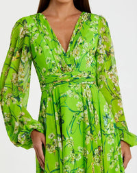 Green Puff Sleeve Floral Chiffon Gown - Close Up