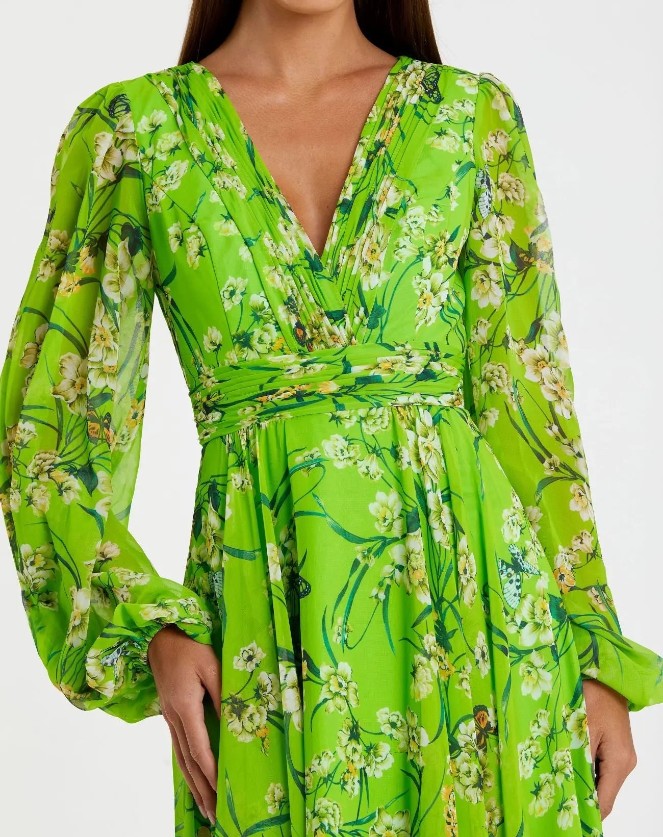 Green Puff Sleeve Floral Chiffon Gown - Close Up