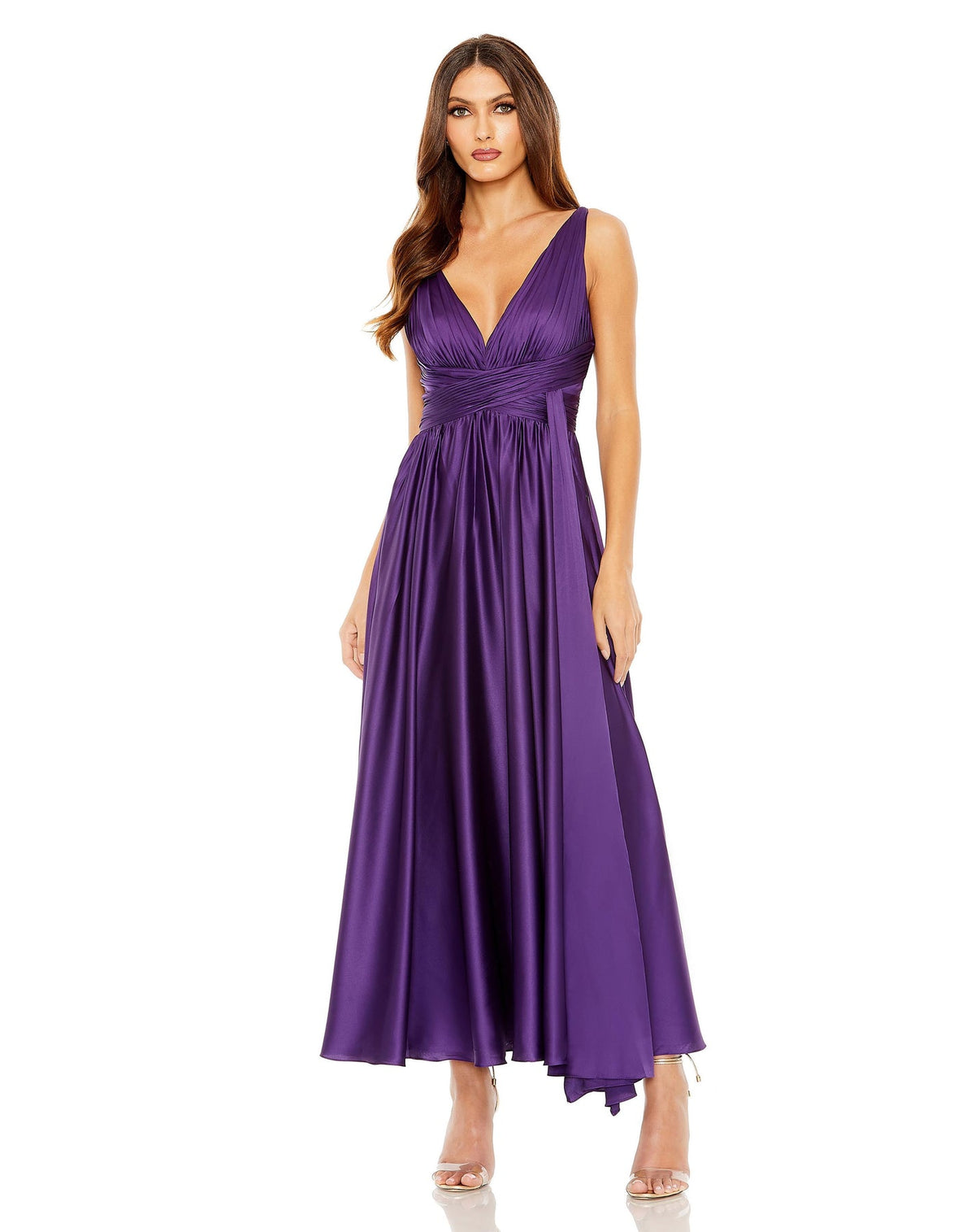 MAC DUGGAL, RUCHED TOP SATIN PLEATED TEA LENGTH DRESS, Style #56035 