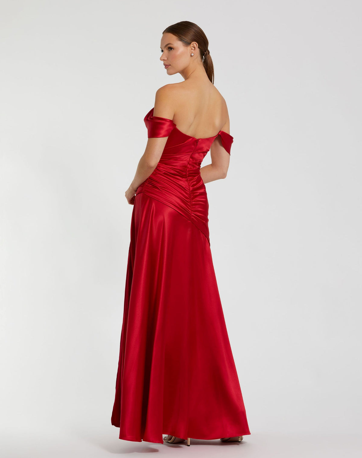 Hard Satin Off The Shoulder Crossover Gown - Ruby