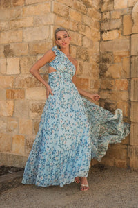 Floral Chiffon One Shoulder Gown - Aqua
