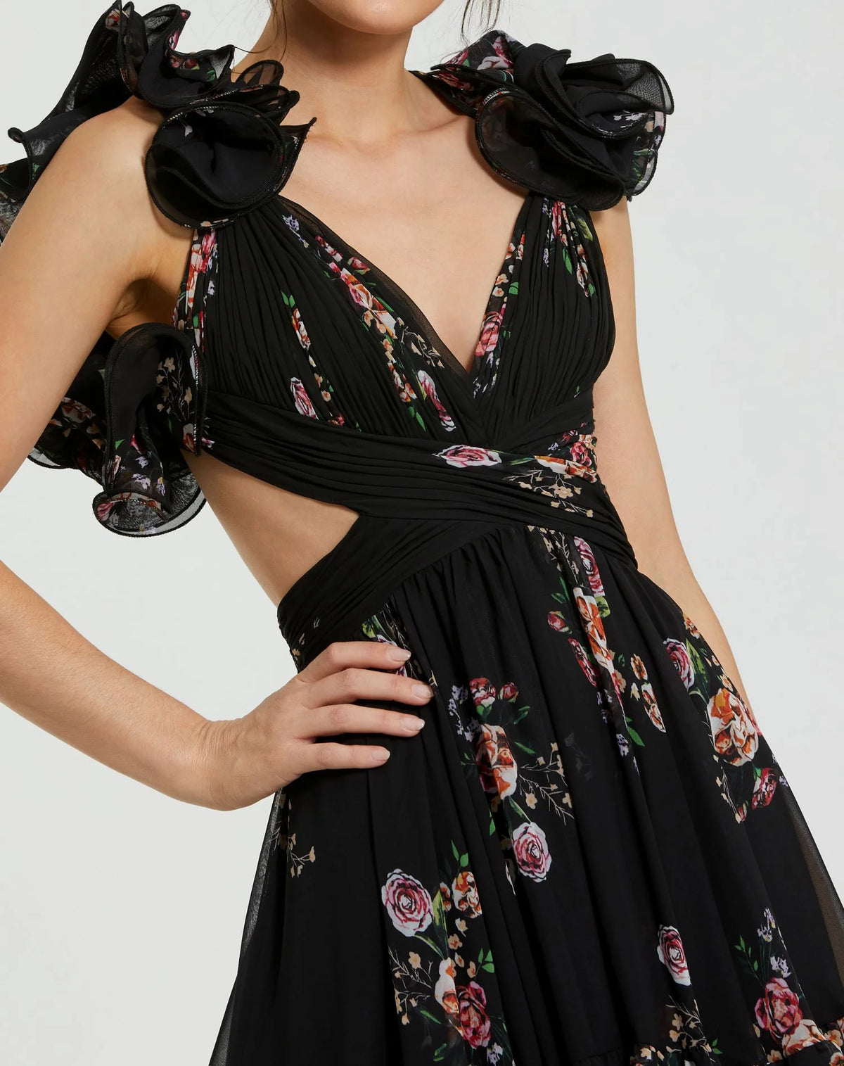 Ruffle Cut-Out Midi Dress - Black