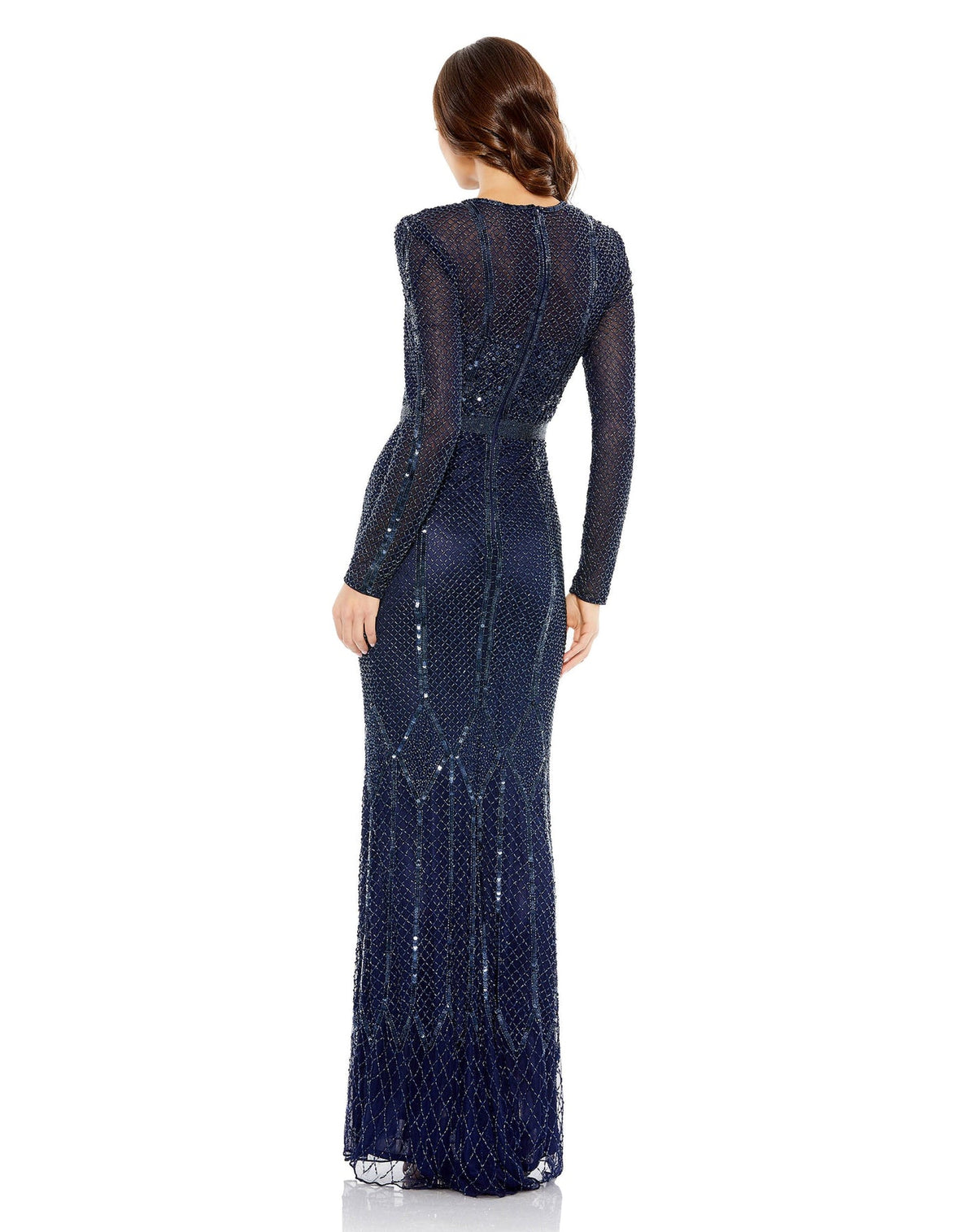 Mac Duggal Style #5607 High neck long sleeve sequin gown - Navy back view