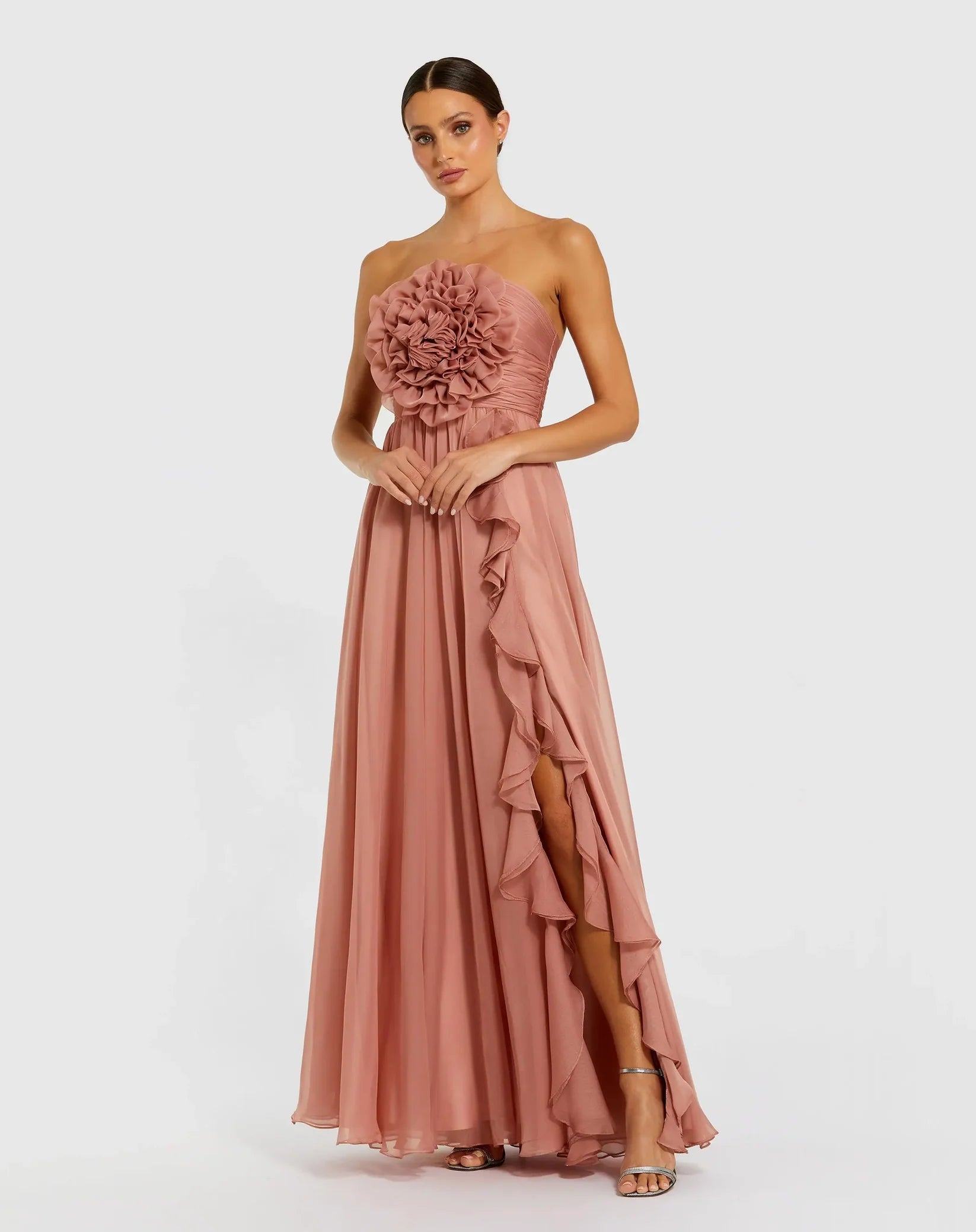 Mac Duggal Pink Strapless Chiffon Gown With Oversized 3D Flower #56071 Rose