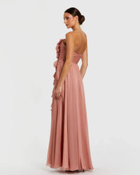 Mac Duggal Pink Strapless Chiffon Gown With Oversized 3D Flower #56071 Rose