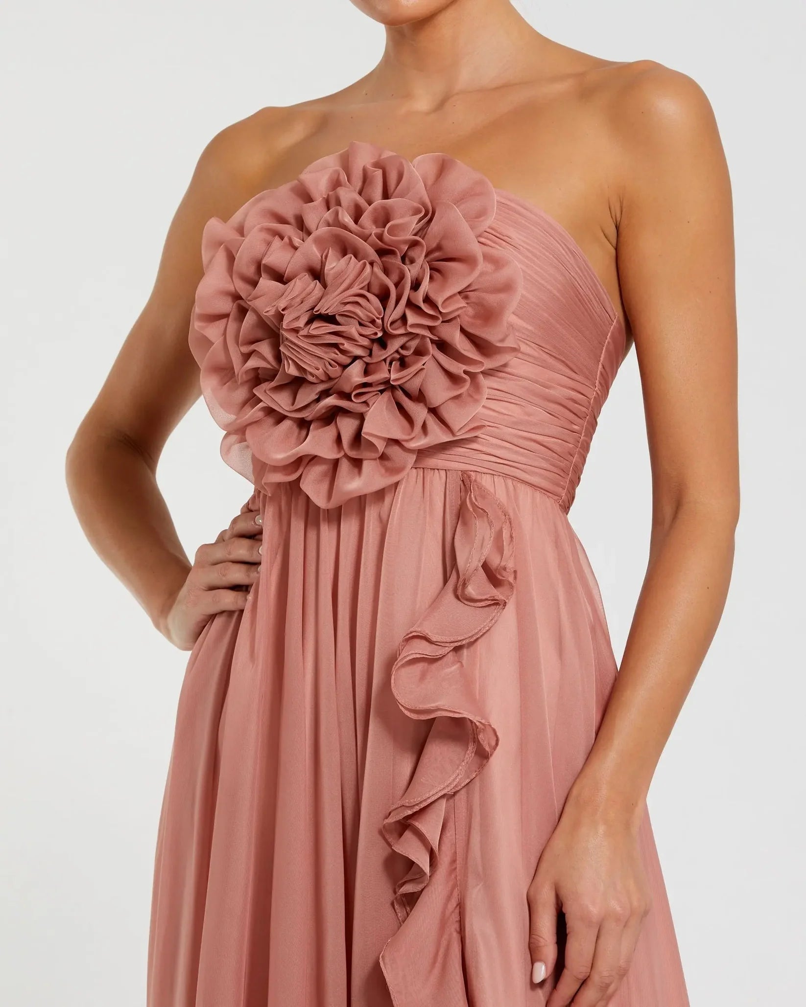 Mac Duggal Pink Strapless Chiffon Gown With Oversized 3D Flower #56071 Rose