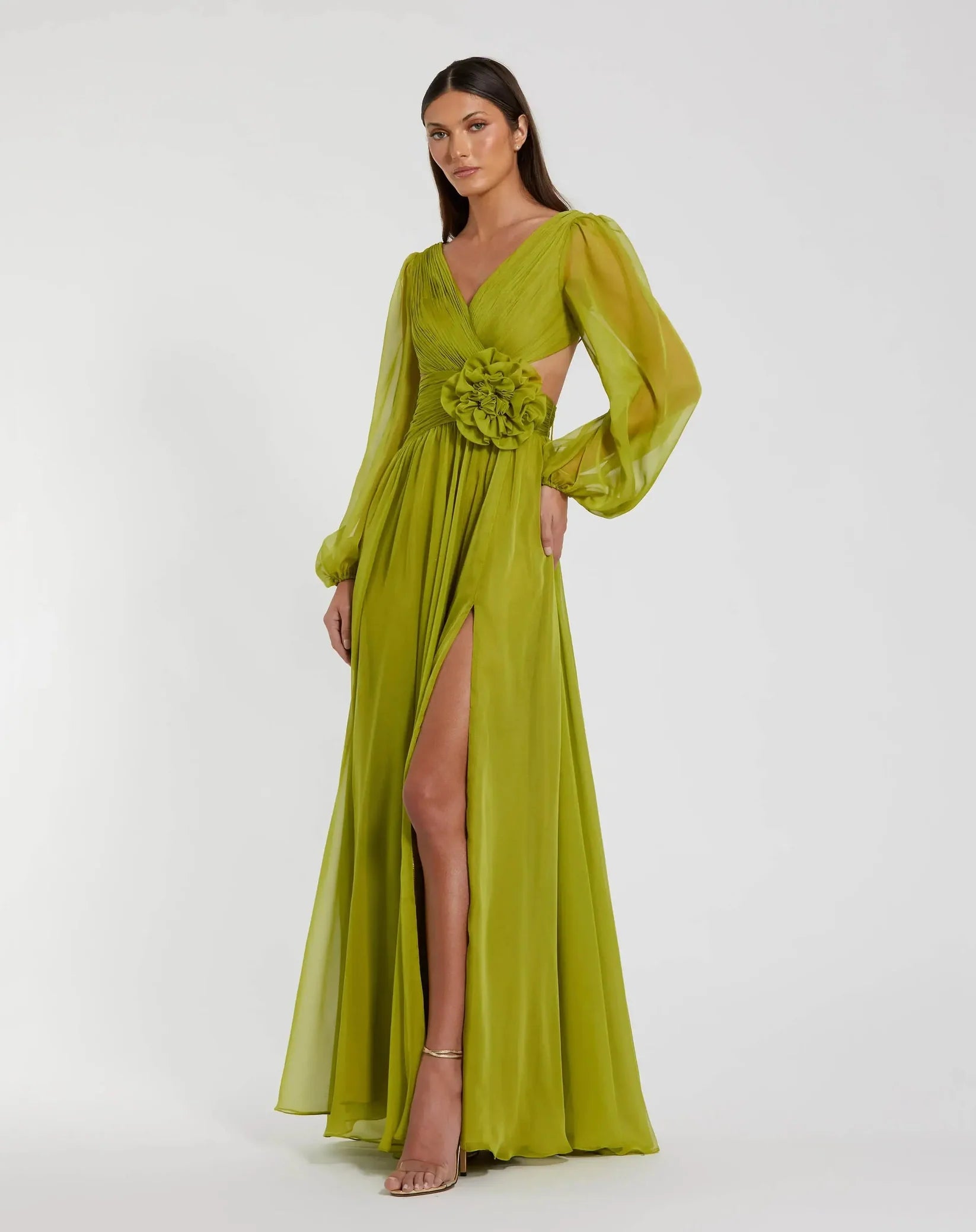 Mac Duggal Apple Green Long Sleeve V-Neck Chiffon Gown With 3D Flower #56072 