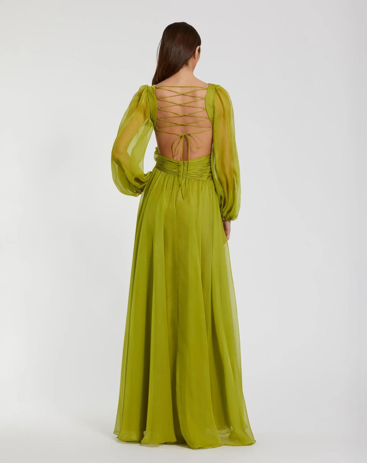 Mac Duggal Apple Green Long Sleeve V-Neck Chiffon Gown With 3D Flower #56072 
