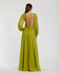 Mac Duggal Apple Green Long Sleeve V-Neck Chiffon Gown With 3D Flower #56072 