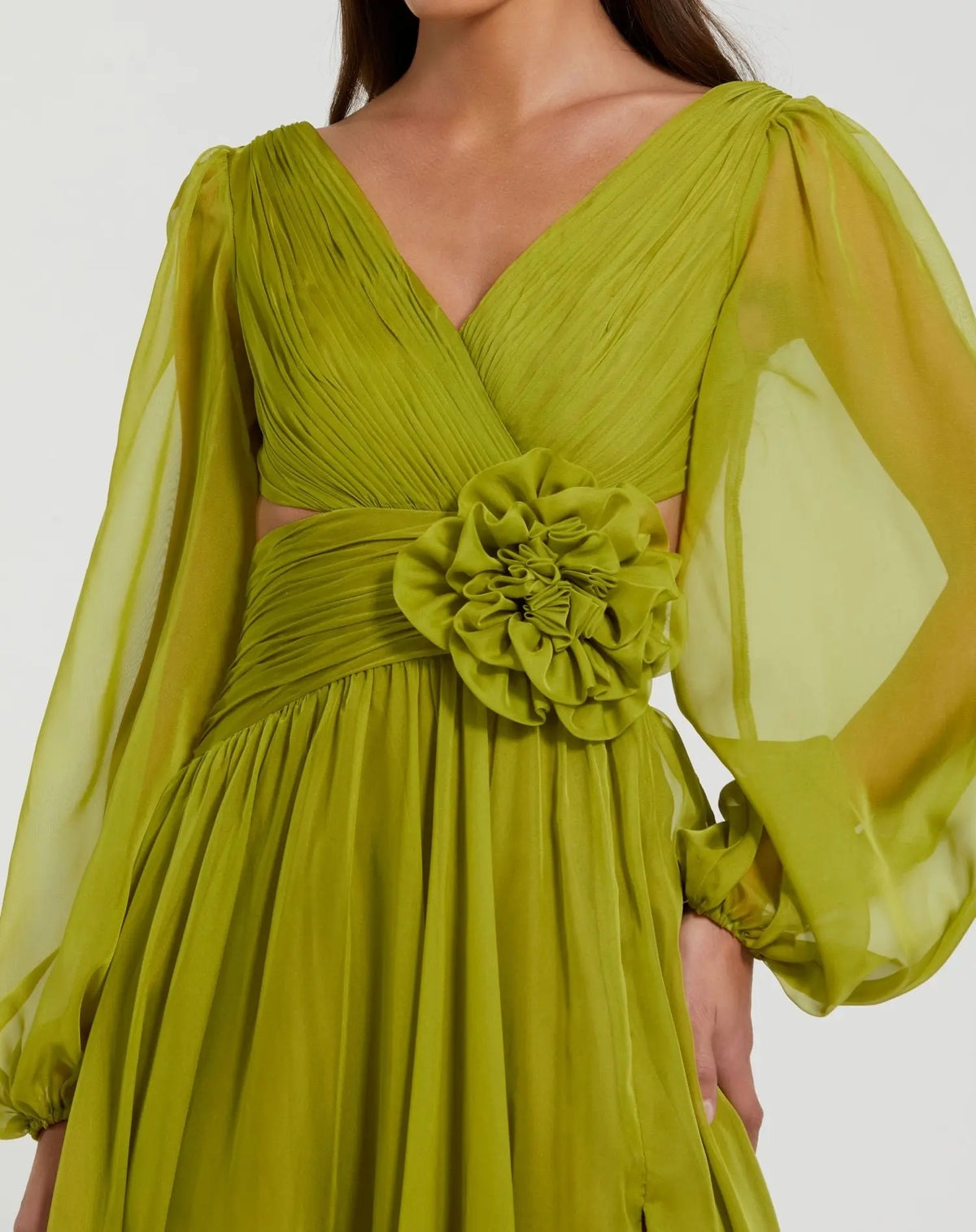Mac Duggal Apple Green Long Sleeve V-Neck Chiffon Gown With 3D Flower #56072 