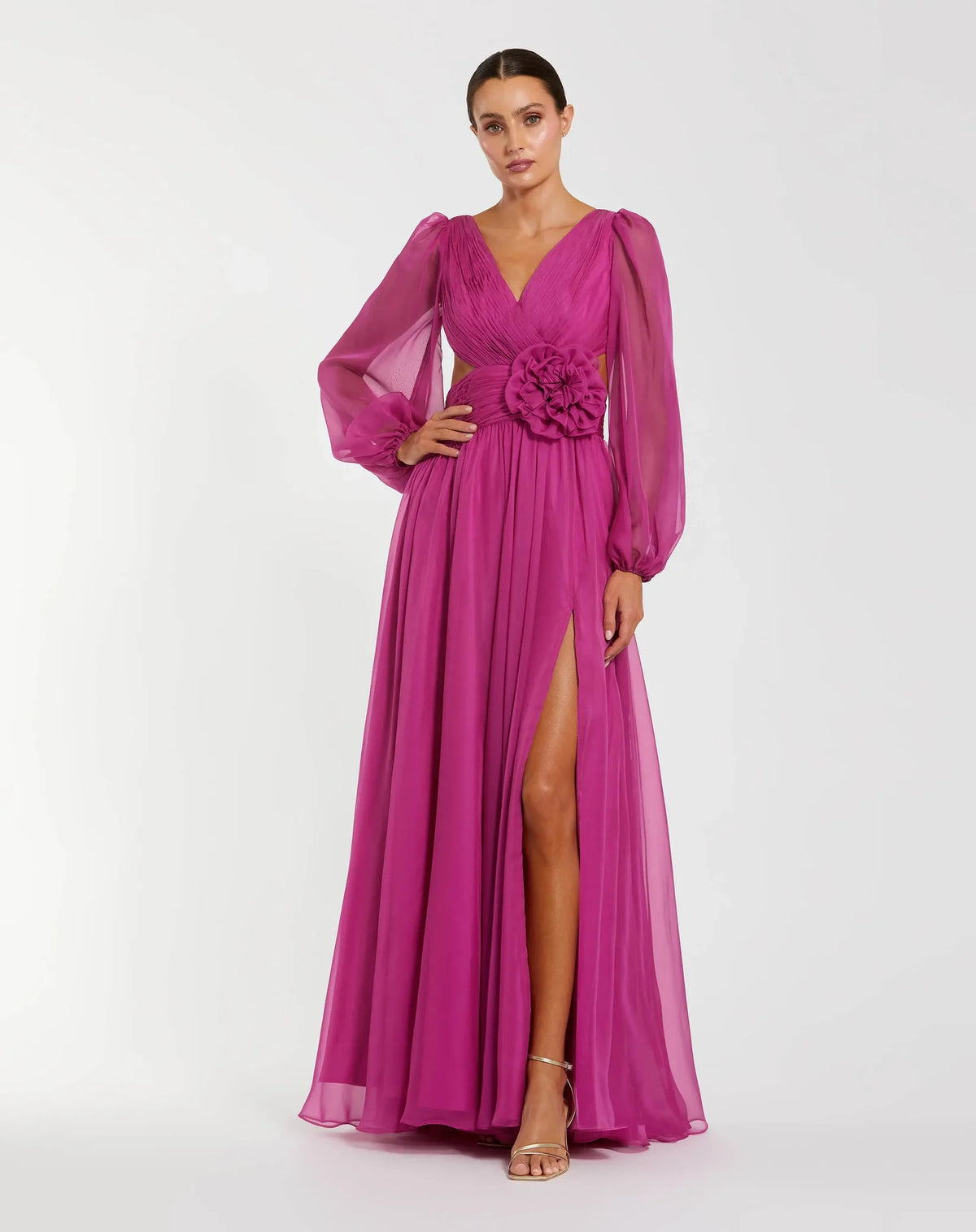Mac Duggal Pink Long Sleeve V-Neck Chiffon Gown With 3D Flower #56072 Magenta