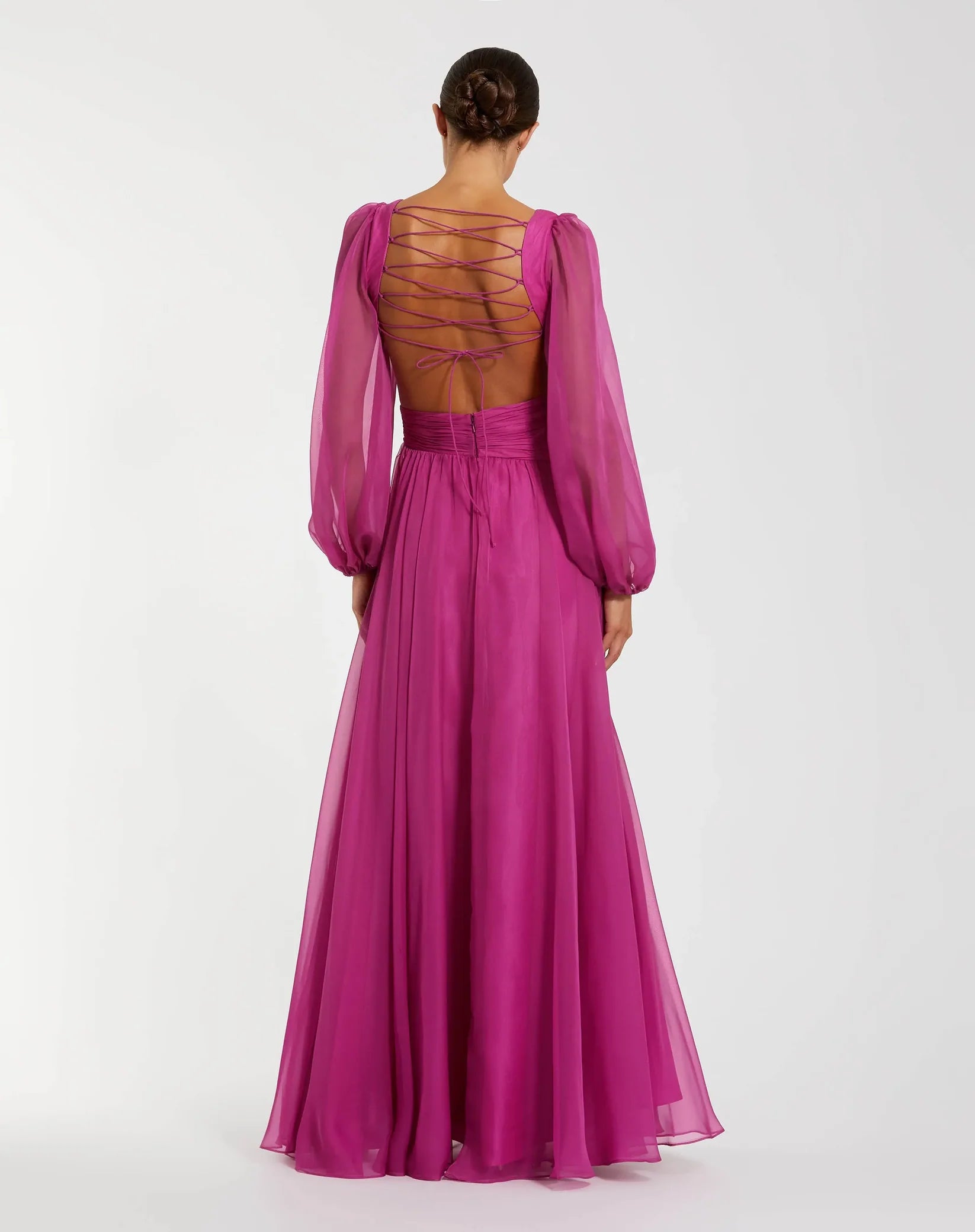 Mac Duggal Pink Long Sleeve V-Neck Chiffon Gown With 3D Flower #56072 Magenta