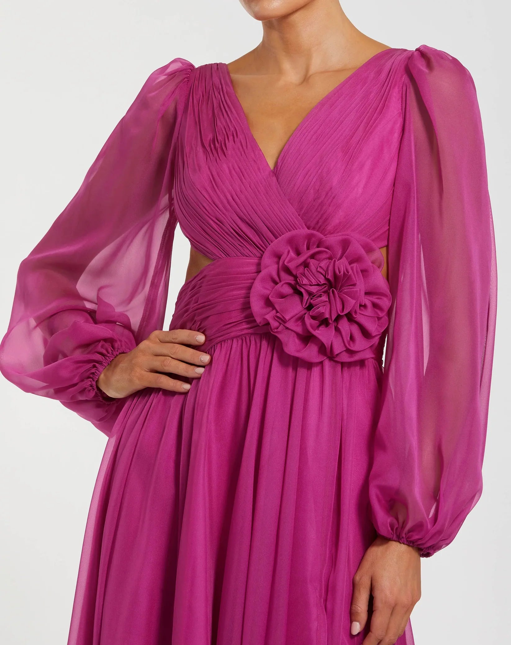 Mac Duggal Pink Long Sleeve V-Neck Chiffon Gown With 3D Flower #56072 Magenta