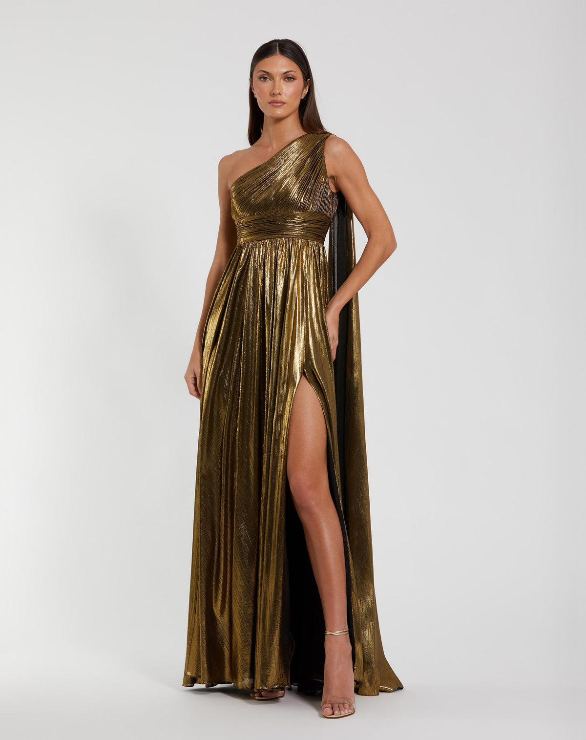 Mac Duggal 56086 Gold metallic one shoulder gown with slit - Front