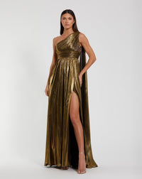Mac Duggal 56086 Gold metallic one shoulder gown with slit - Front