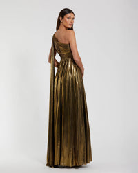 Mac Duggal 56086 Gold metallic one shoulder gown with slit - Back view
