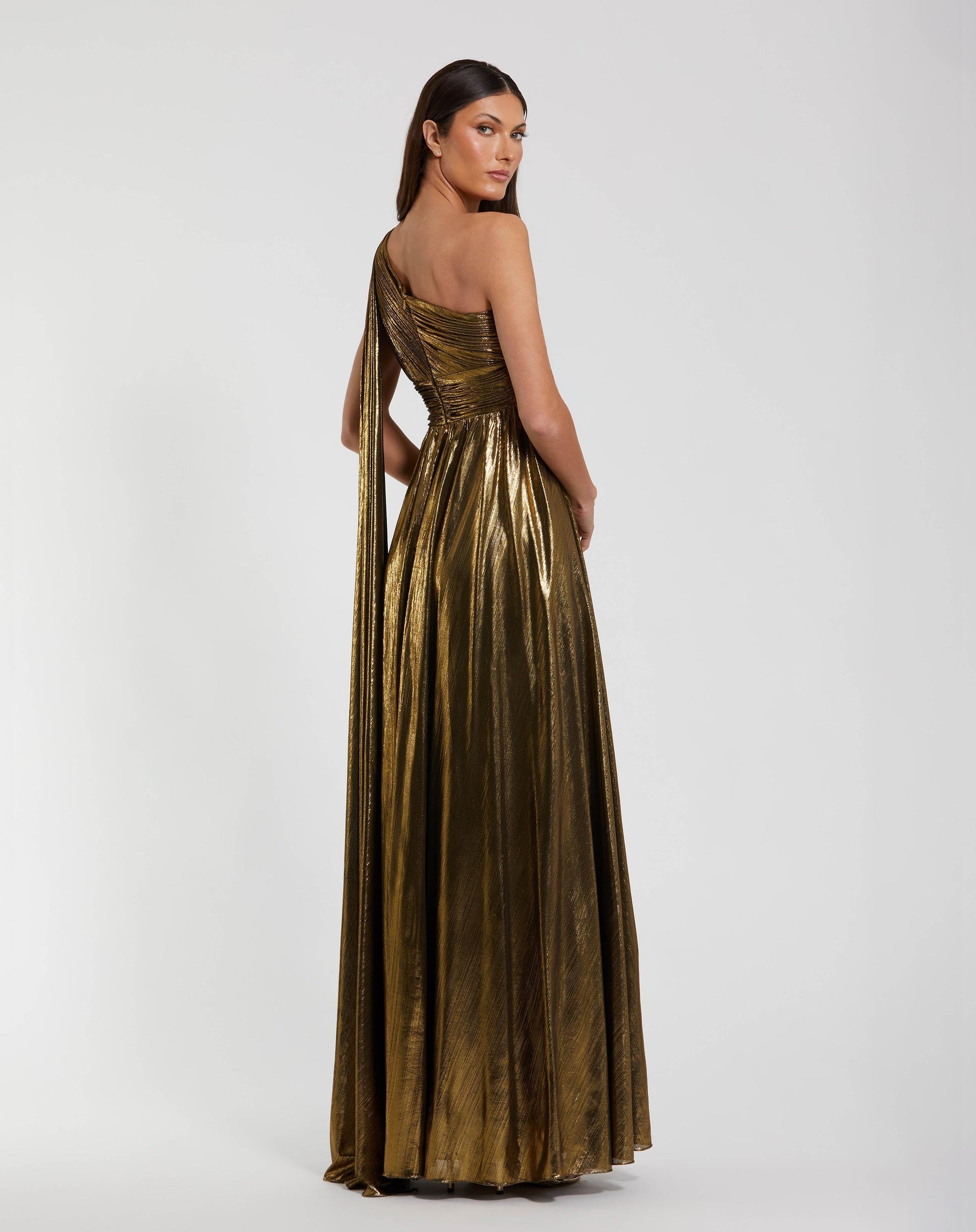 Mac Duggal 56086 Gold metallic one shoulder gown with slit - Back view
