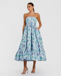 Mac Duggal #56092 blue multi floral brocade strapless a line midi dress