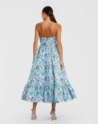 Mac Duggal #56092 blue multi floral brocade strapless a line midi dress