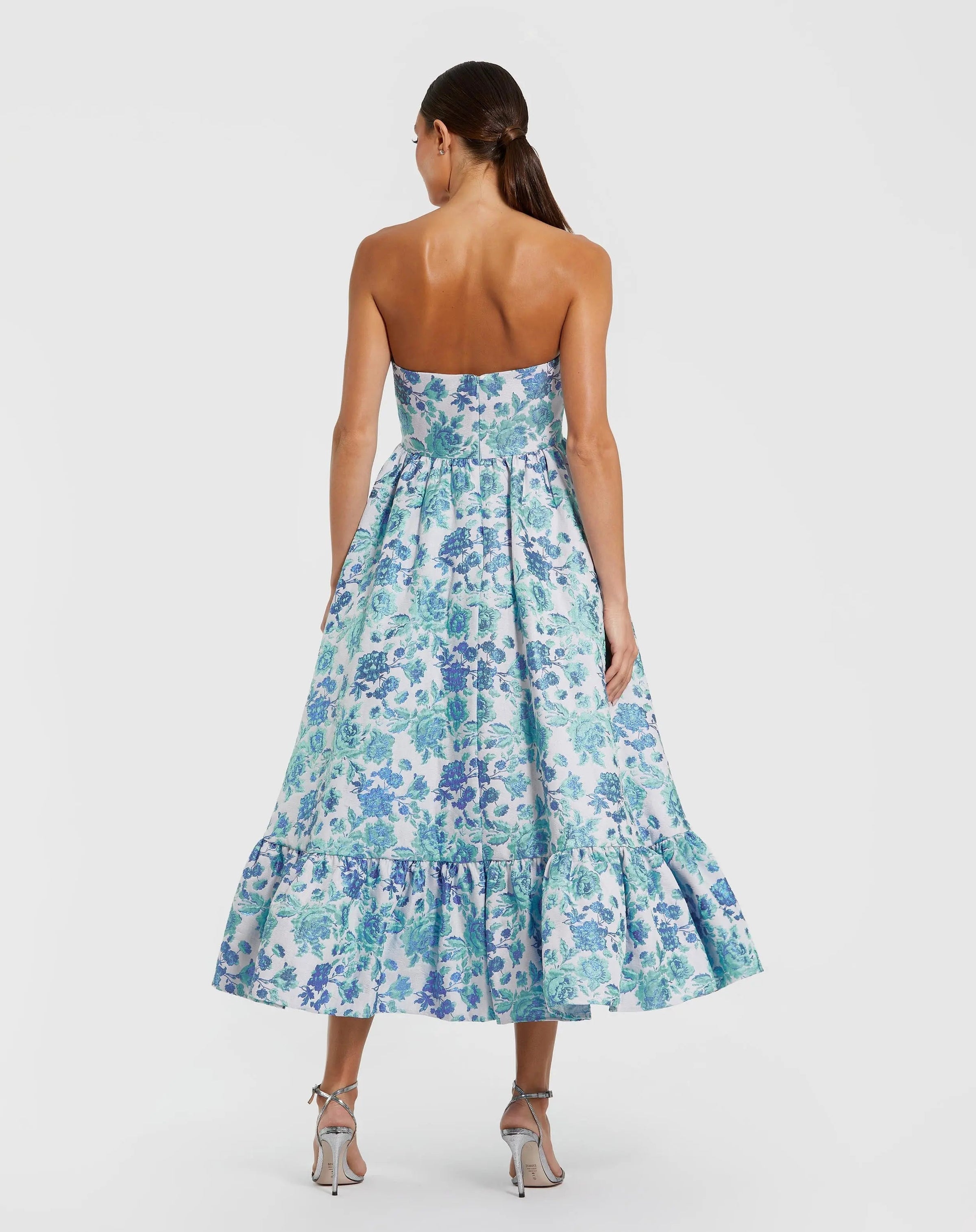 Mac Duggal #56092 blue multi floral brocade strapless a line midi dress