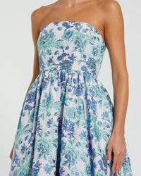 Mac Duggal #56092 blue multi floral brocade strapless a line midi dress