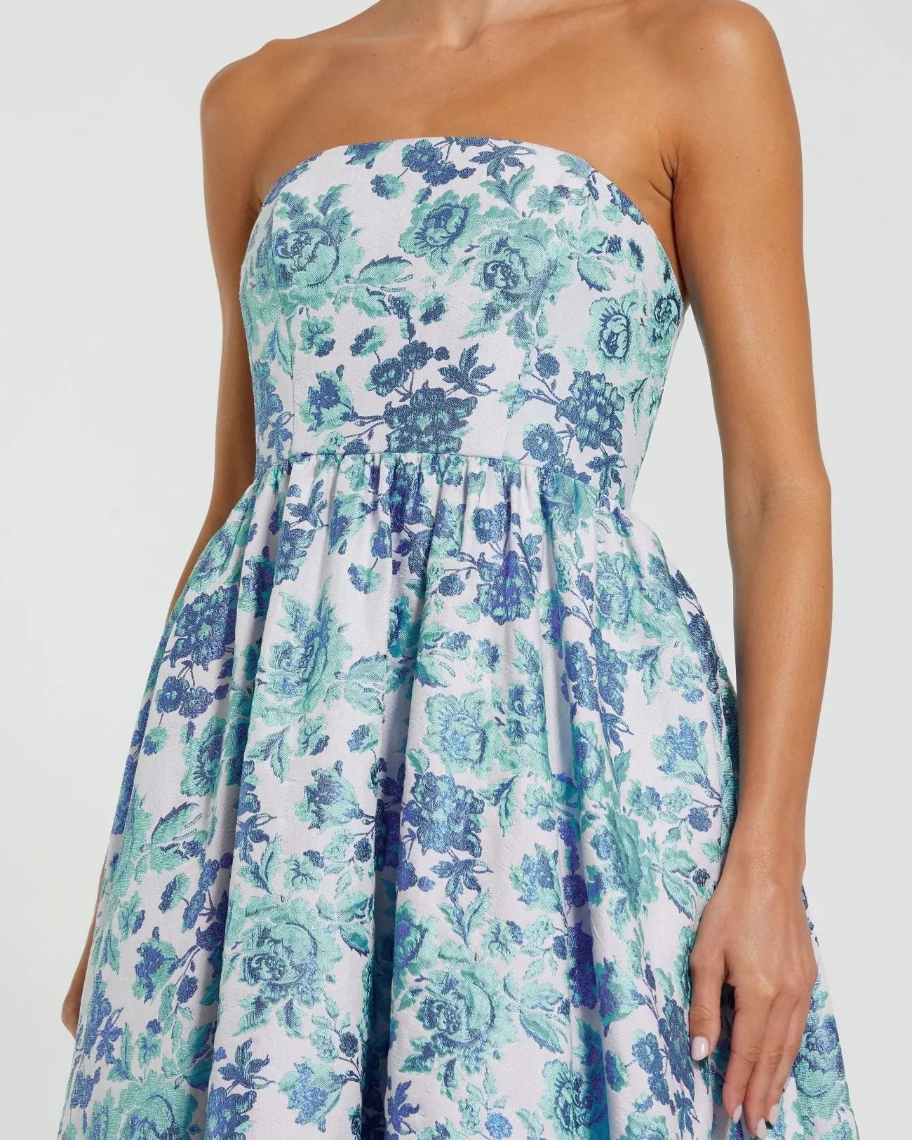 Mac Duggal #56092 blue multi floral brocade strapless a line midi dress