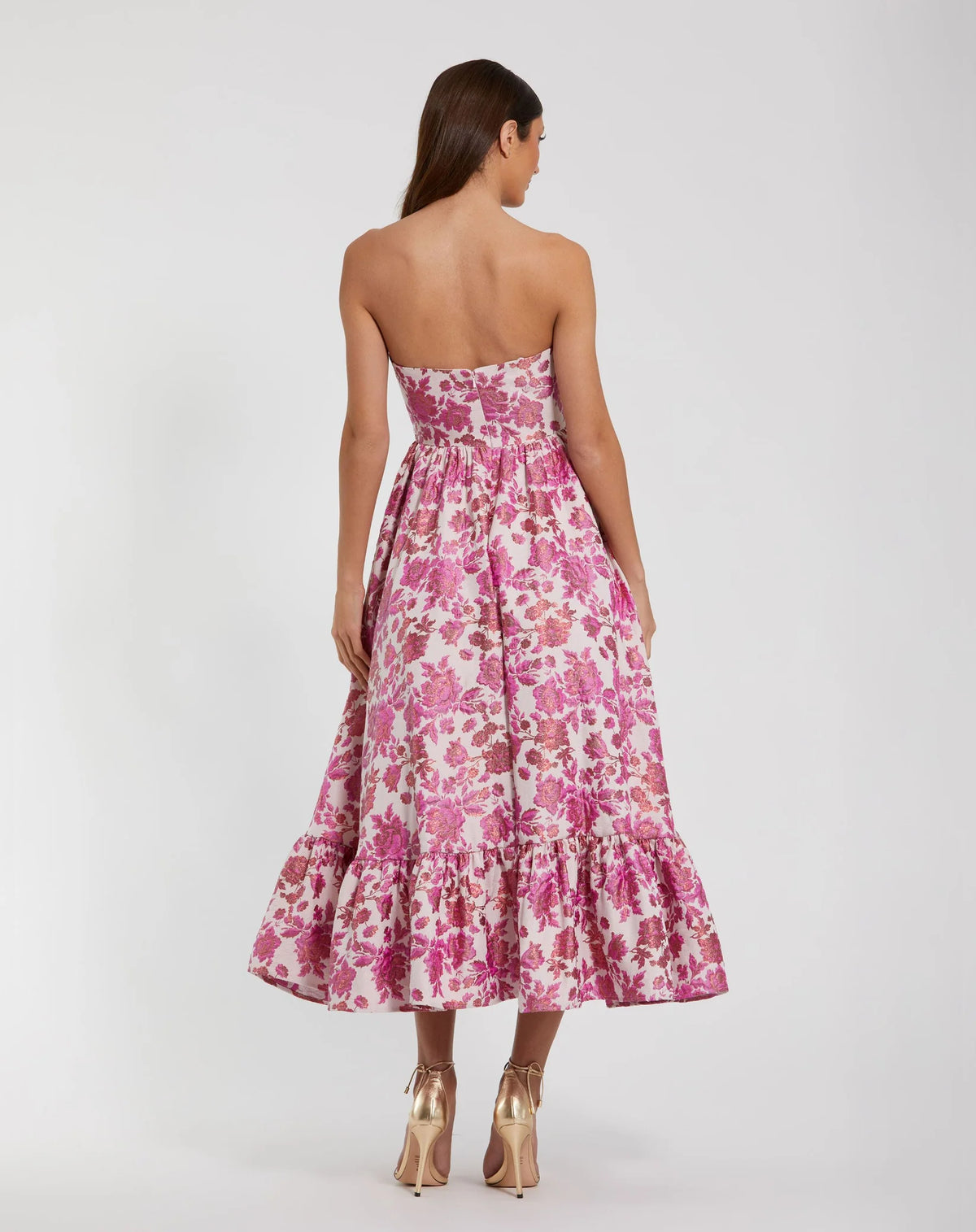 Floral Brocade Strapless A Line Midi Dress - Pink