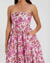 Floral Brocade Strapless A Line Midi Dress - Pink