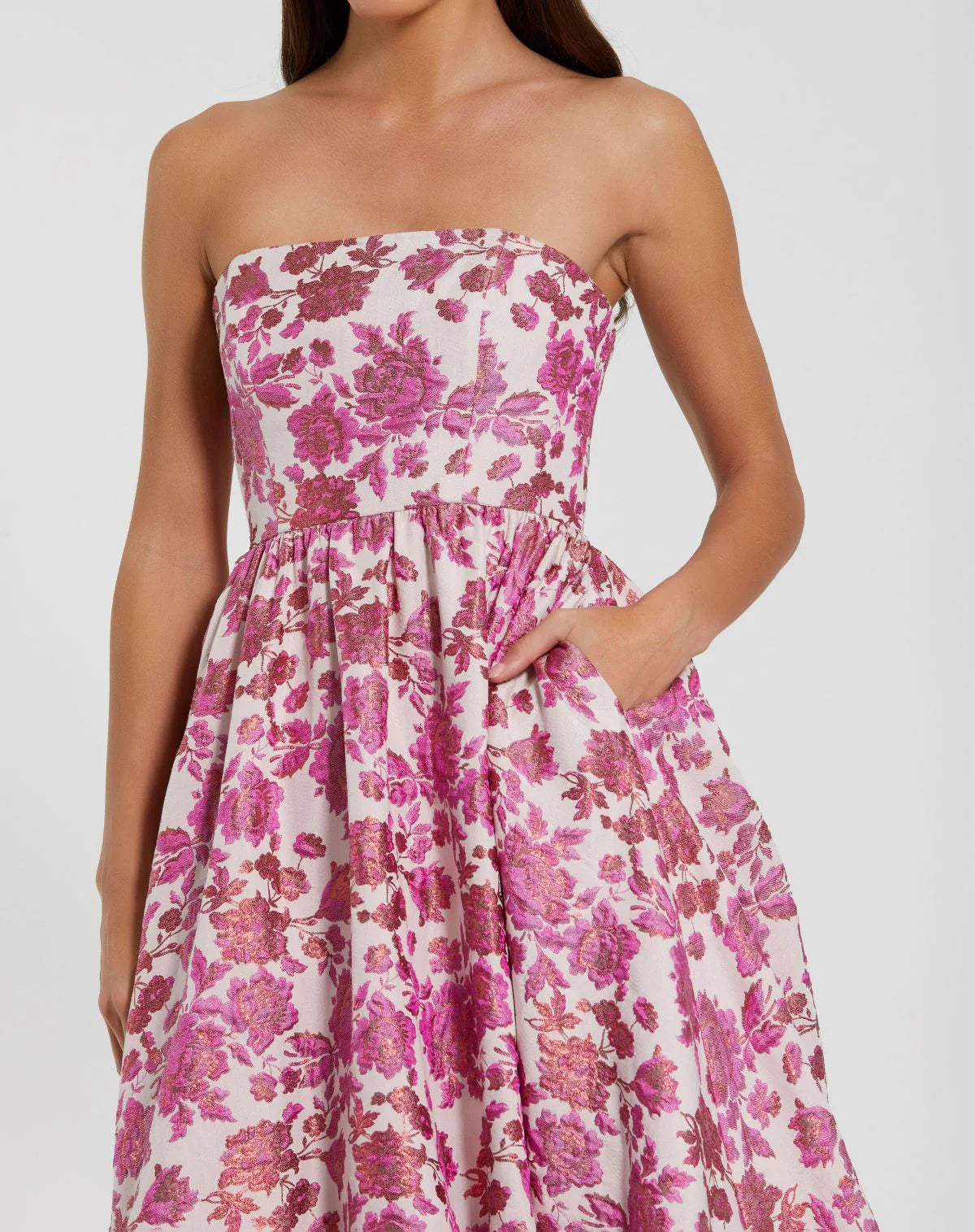 Floral Brocade Strapless A Line Midi Dress - Pink