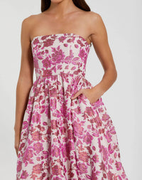 Floral Brocade Strapless A Line Midi Dress - Pink