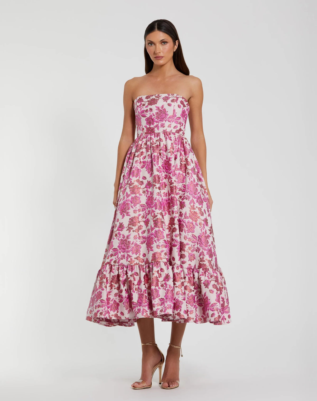 Mac Duggal Pink Floral Brocade Strapless A Line Midi Dress #56092