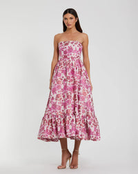 Mac Duggal Pink Floral Brocade Strapless A Line Midi Dress #56092