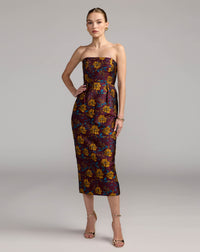 Mac Duggal #56097 plum multi floral brocade strapless fitted midi dress