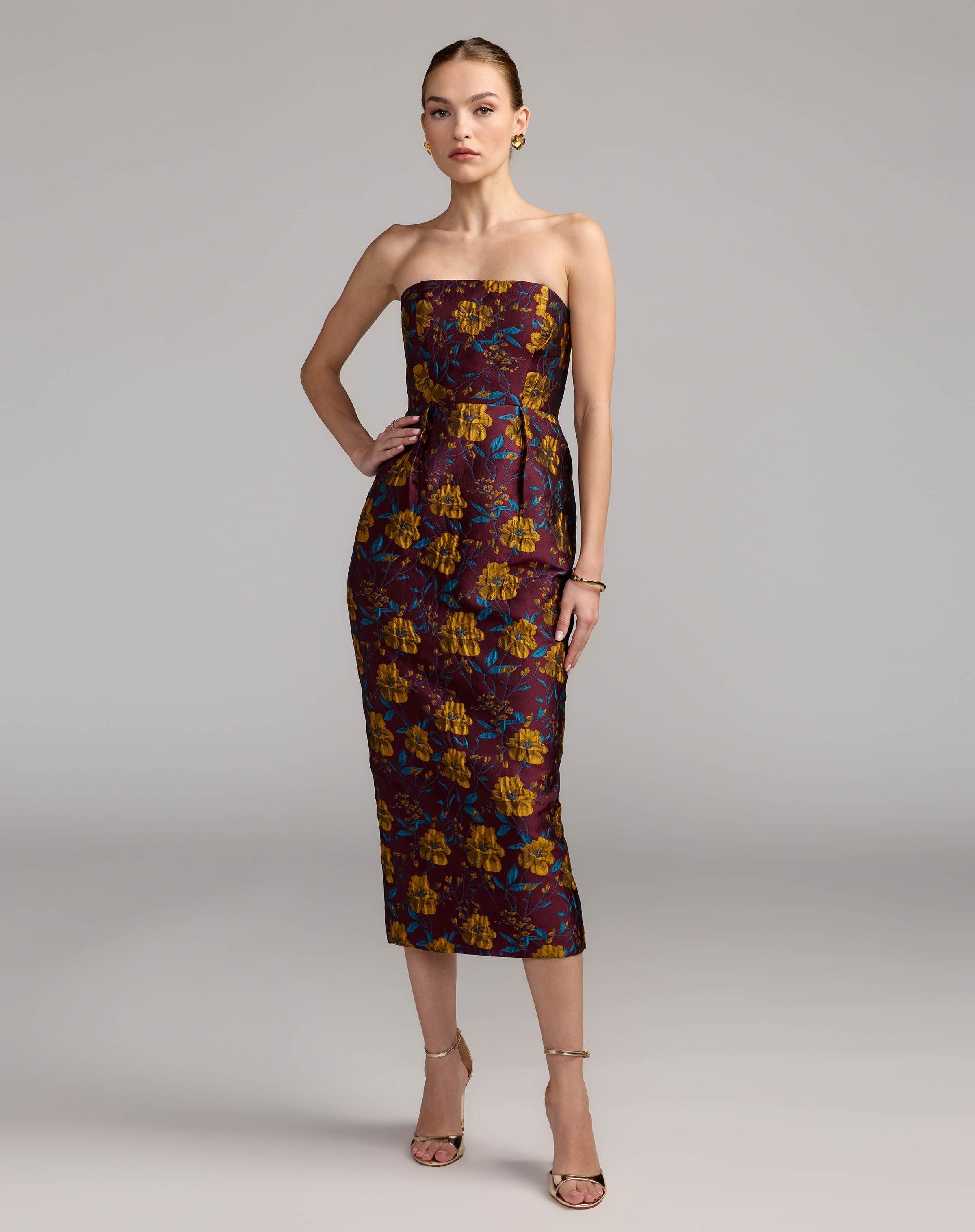 Mac Duggal #56097 plum multi floral brocade strapless fitted midi dress