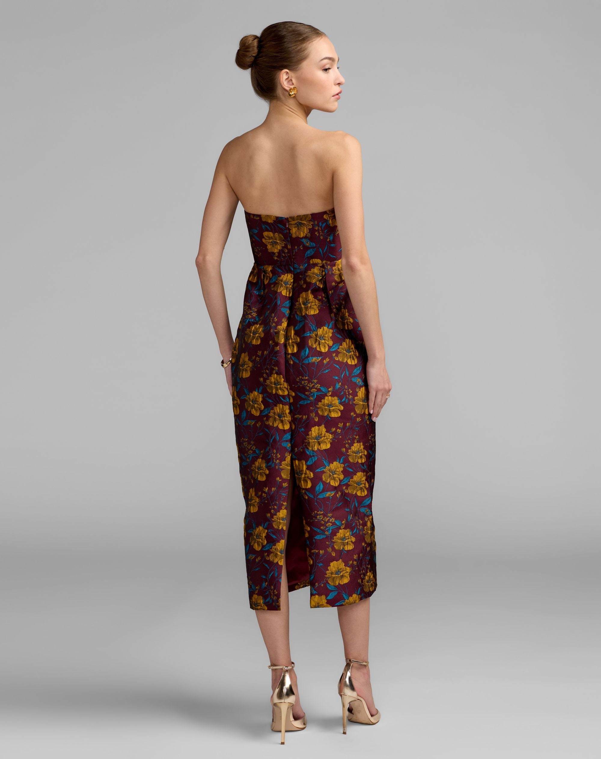 Mac Duggal #56097 plum multi floral brocade midi dress back view