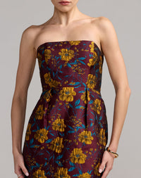 Mac Duggal #56097 plum multi floral brocade midi dress close-up