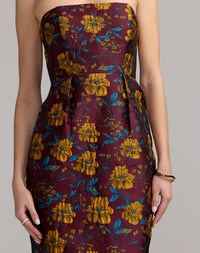 Mac Duggal #56097 plum multi floral brocade midi dress detail