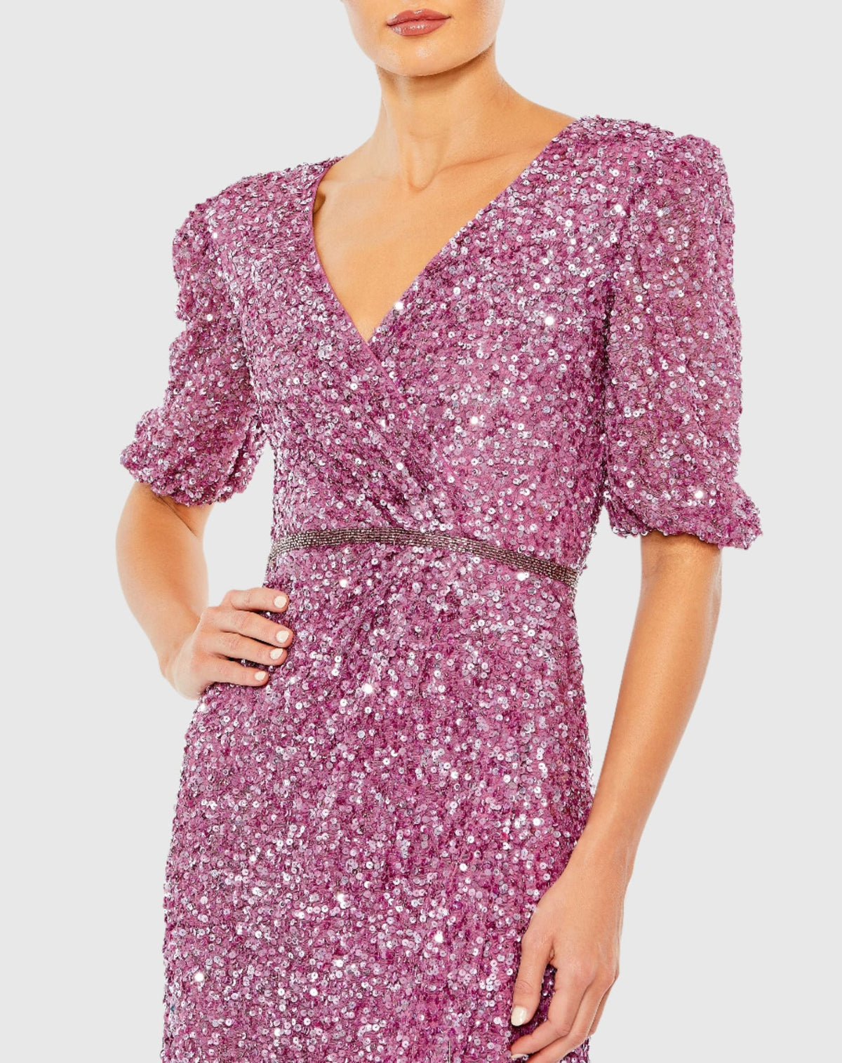 Puff Sleeve Sequin Wrap Gown - Plum