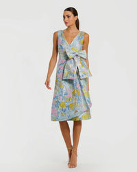 Blue Floral Brocade Sleeveless Midi Dress With Bow